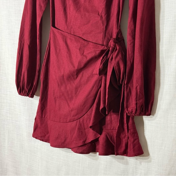 Princess Polly Villa‎ Mini Dress Burgundy Wrap Tie Square Neck Ruffle Hem Size 4 - Picture 4 of 11